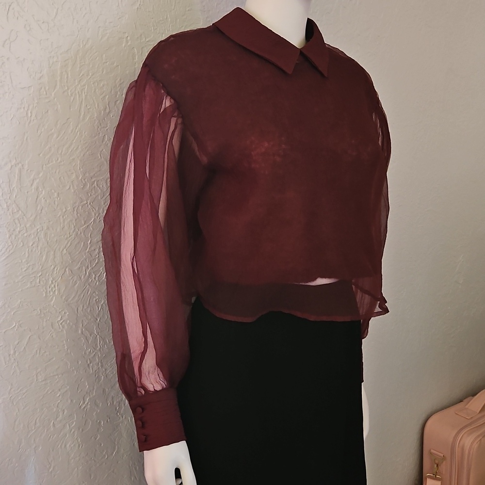 ZARA Dark Purple Alpaca Wool Lined Long Sleeve Organza Festival Crop Top - Picture 6 of 11
